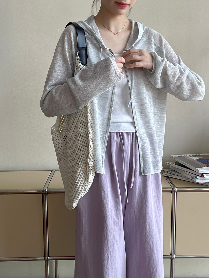 夏季薄款連帽針織開襟衫女慵懶風拉鍊微透防曬上衣