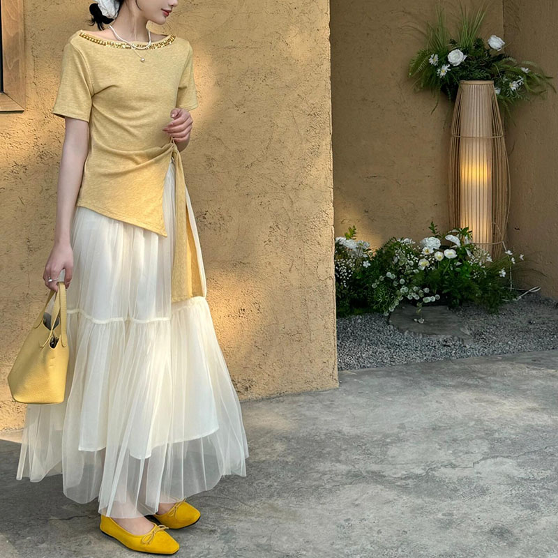 設計感時尚一字肩亮片T卹+淑女網紗公主半身裙套裝