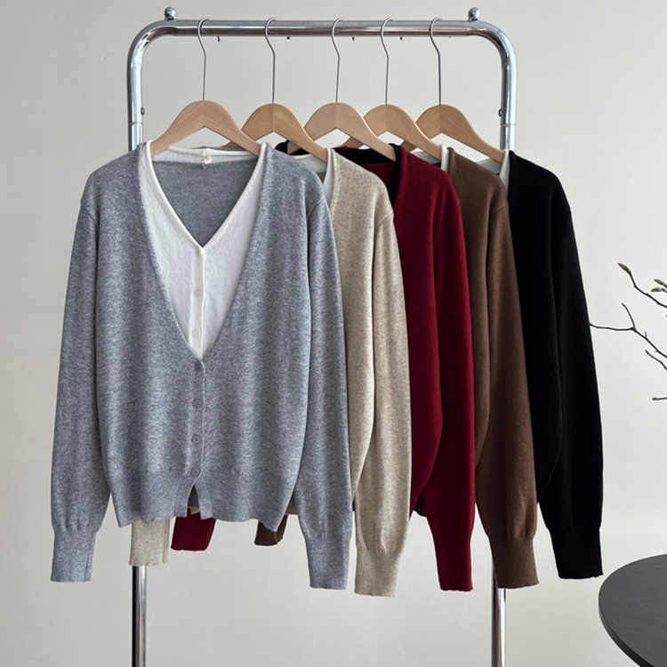 春秋簡約氣質V領假兩件針織開襟衫