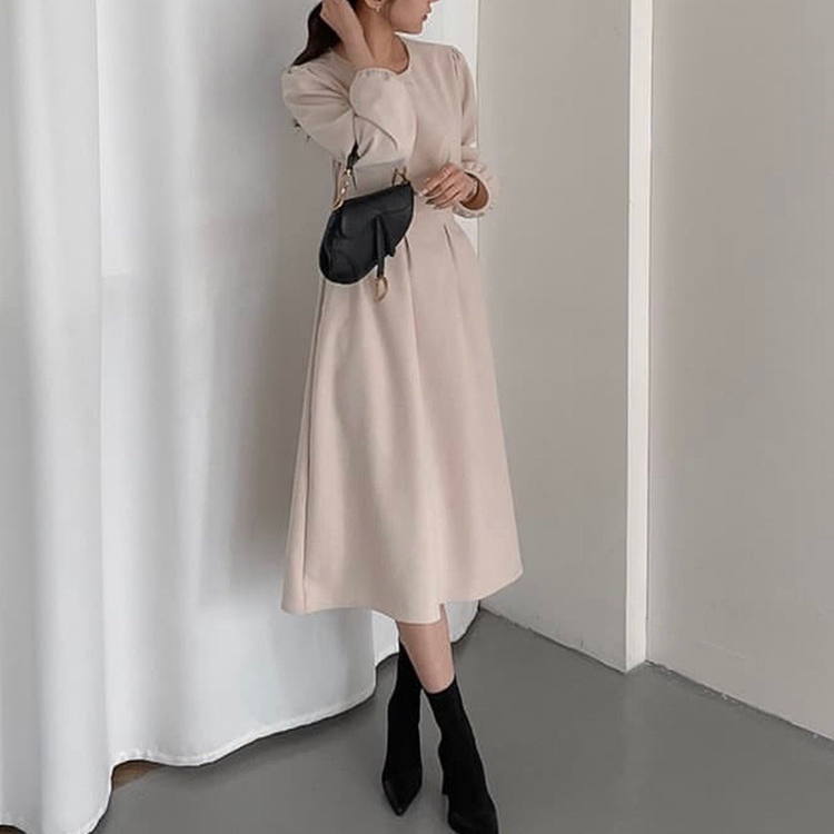 韓國早春優雅氣質圓領收腰顯瘦中長連身裙