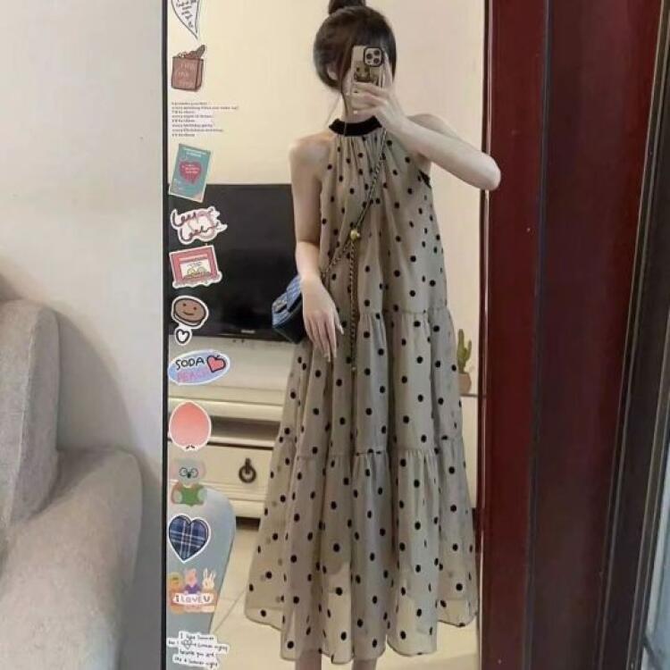 法式小香風波點氣質茶歇涼爽掛脖連身裙