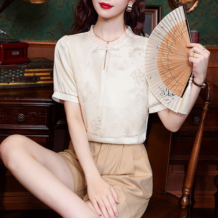 中式復古氣質顯瘦立領木耳邊歐根紗刺繡印花拼接短袖雪紡衫