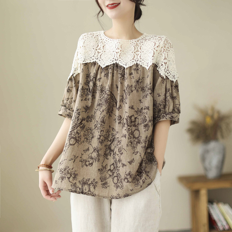 復古棕色碎花拼接蕾絲上衣文藝減齡氣質短袖