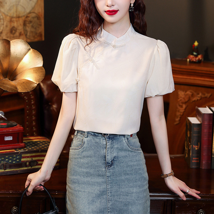 國風新中式立領盤扣洋氣泡泡袖襯衫短袖