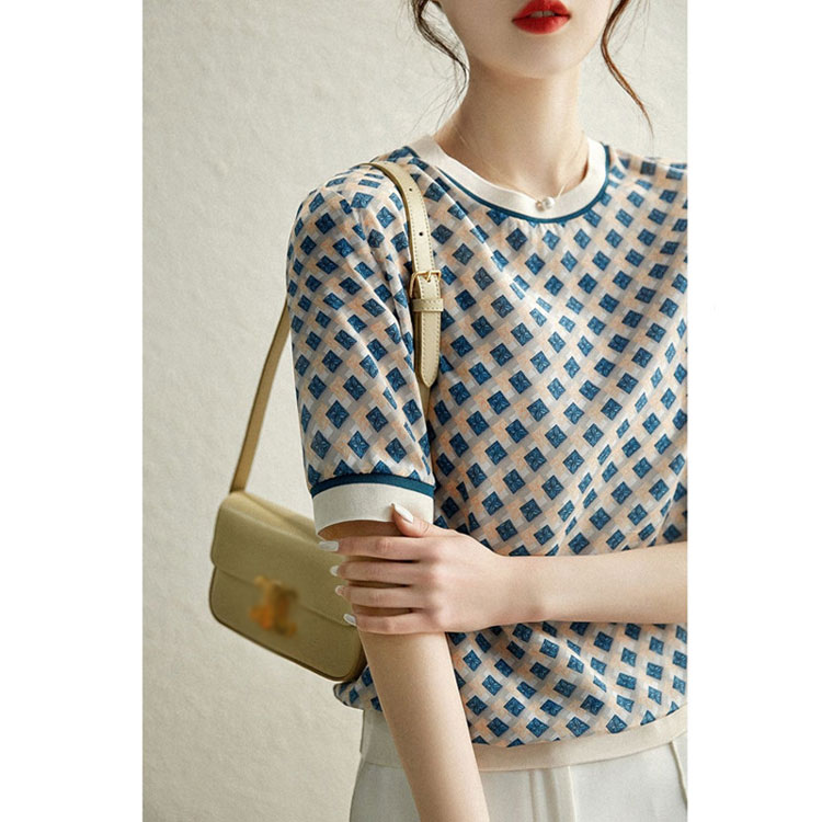 清新復古菱形格紋仿真絲T恤