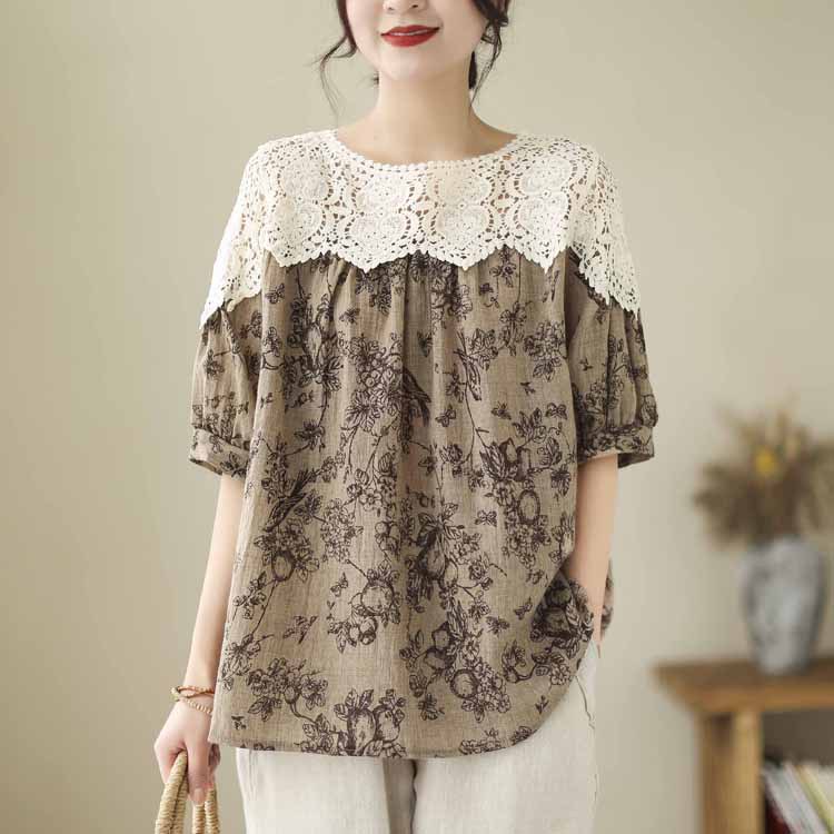 復古棕色碎花拼接蕾絲上衣文藝減齡氣質短袖