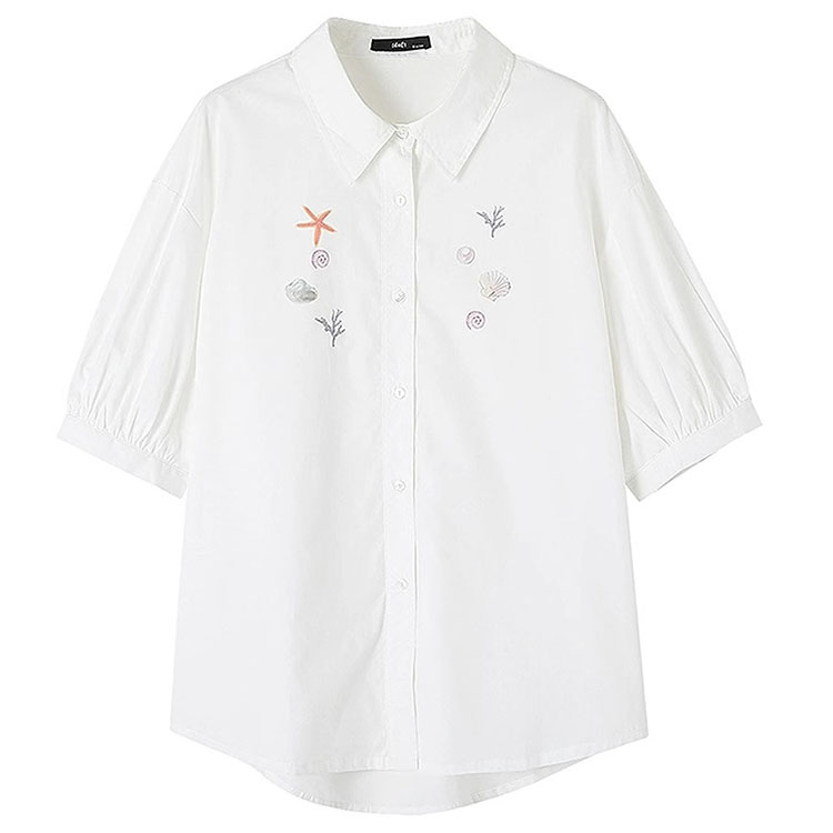 簡約風鬆弛感印花別緻翻領五分袖襯衫