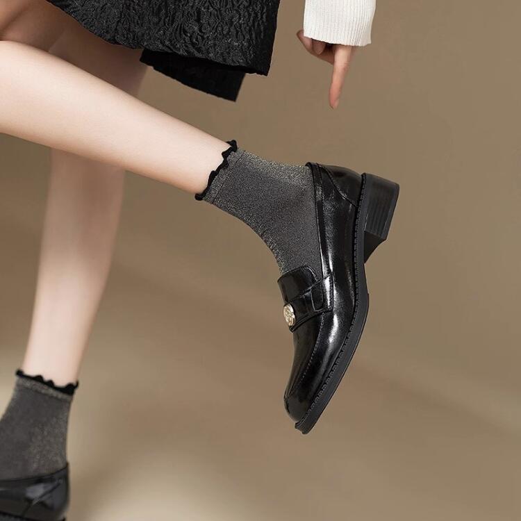 法式復古英倫山茶花軟皮小皮鞋