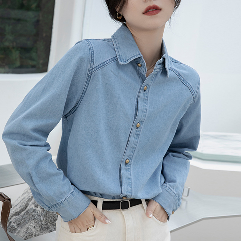 深藍復古港風正肩軟牛仔襯衫