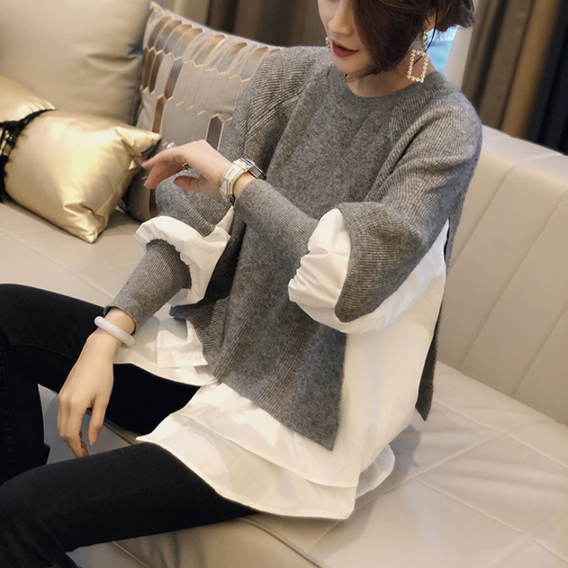 假兩件拼接圓領寬鬆針織襯衫