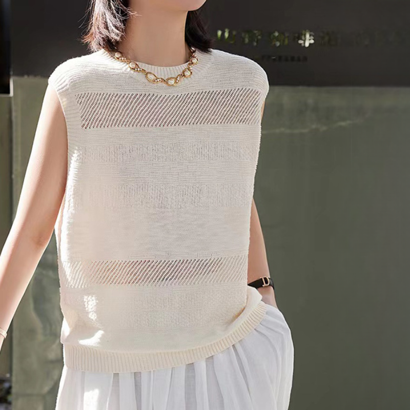 條紋提花肌理鏤空寬鬆圓領針織打底背心