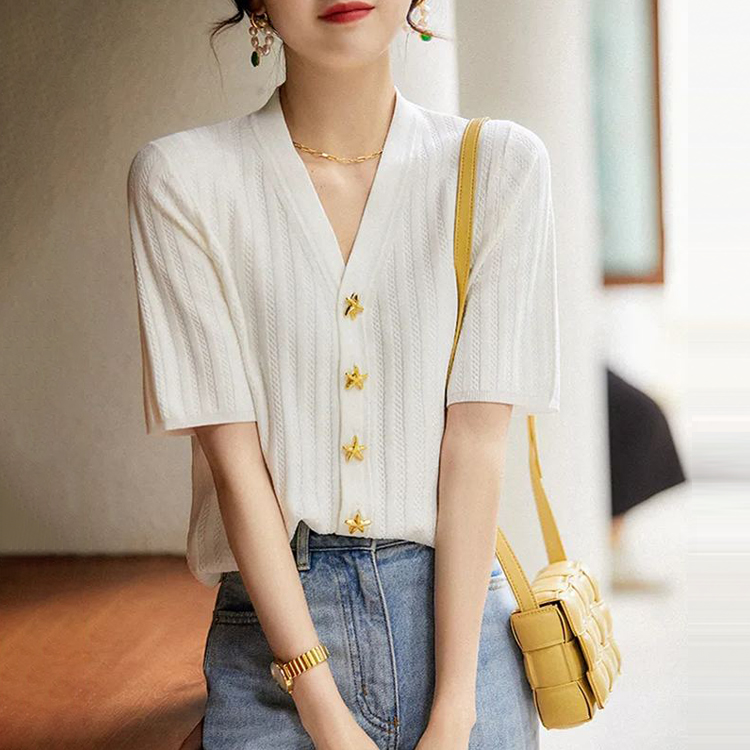新款海星金扣豎條紋冰絲短袖