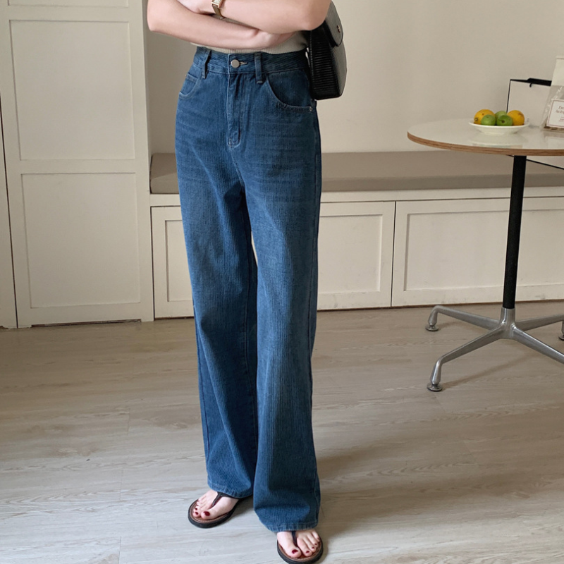 高腰顯瘦直筒牛仔褲肌理感垂感闊腿褲