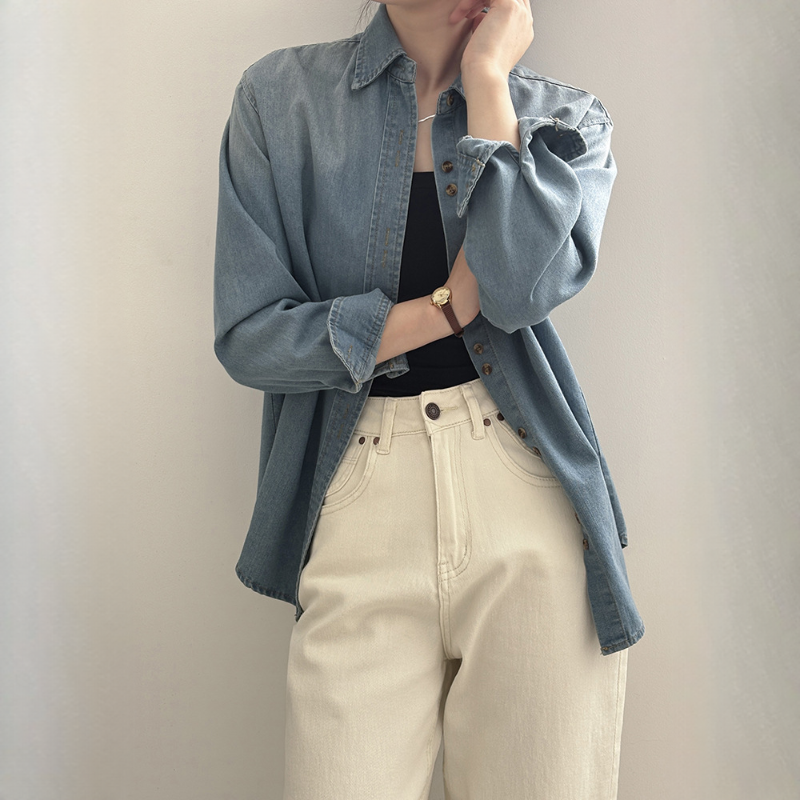 復古牛仔襯衫新款疊穿港式內搭寬鬆上衣