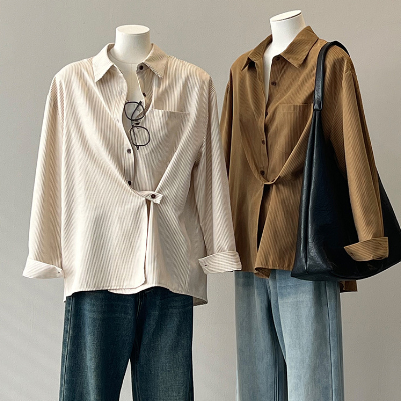 新款設計感不規則斜扣襯衫寬鬆上衣