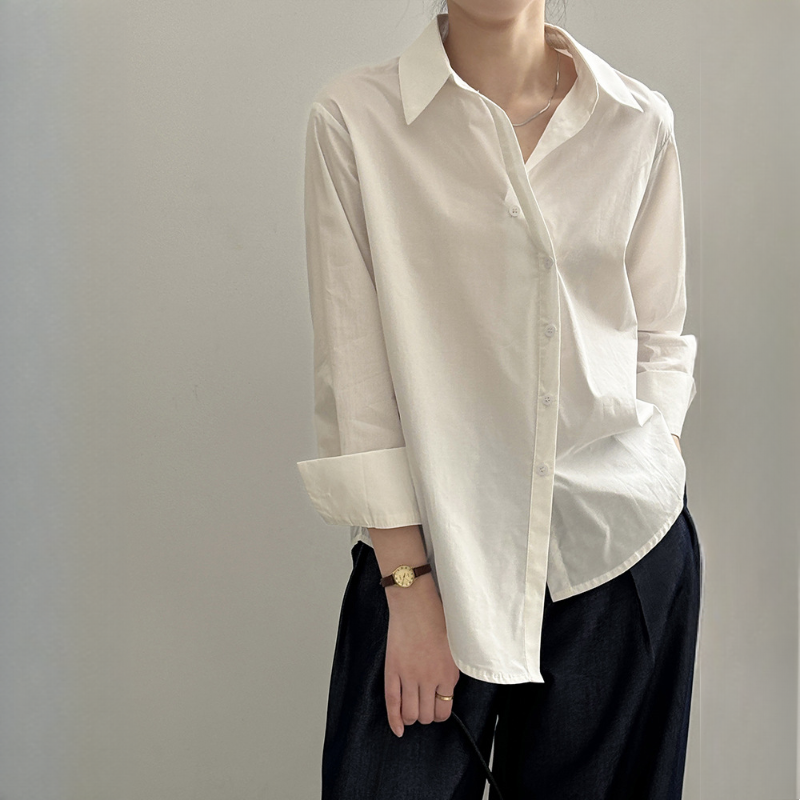 韓版簡約翻領單排扣新款不規則下擺襯衫