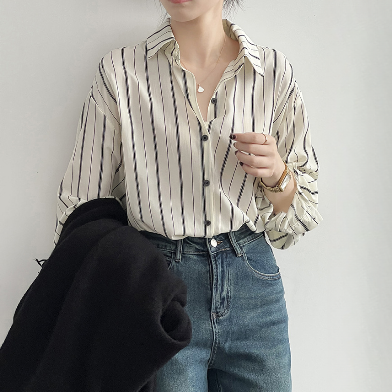 原宿風豎條紋小眾設計感寬鬆襯衫