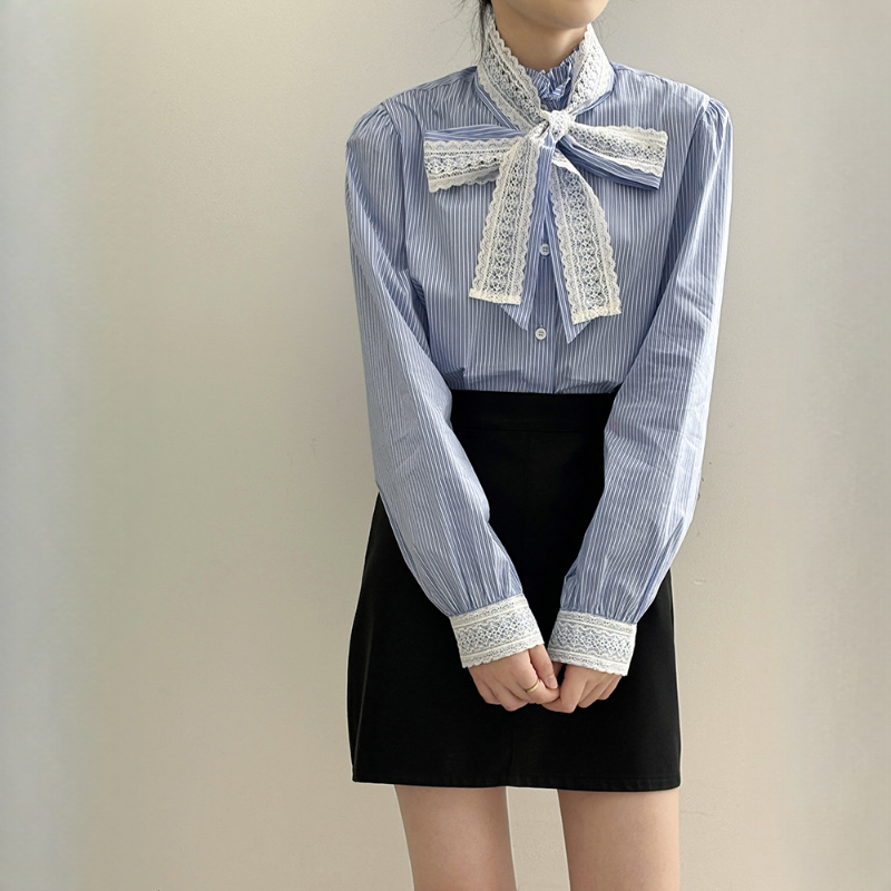 蕾絲綁帶蝴蝶結氣質寬鬆百搭條紋襯衫