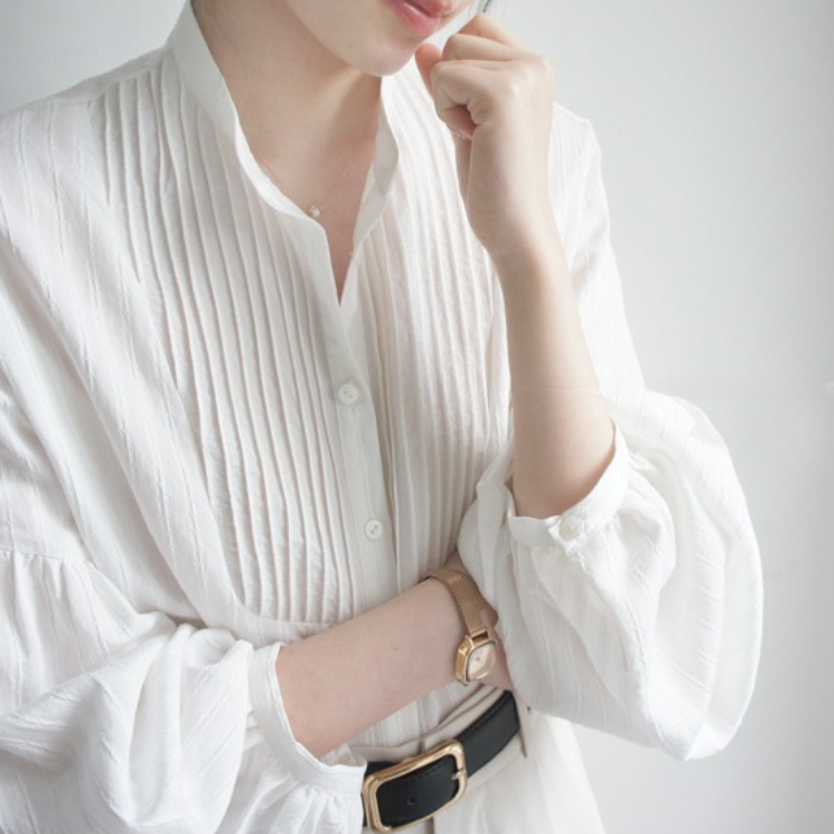 法式復古豎條紋小立領寬鬆設計感襯衫