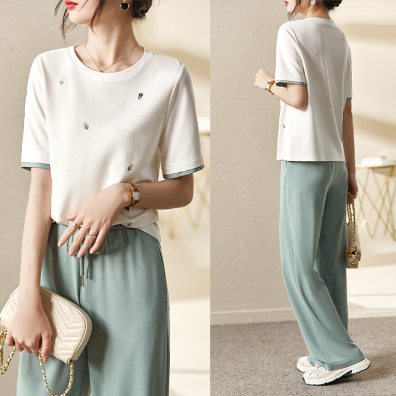 休閒運動套裝時尚洋氣減齡短袖闊腿褲兩件套