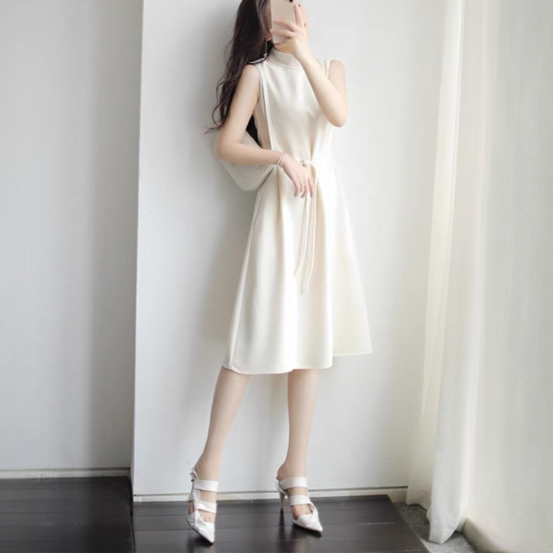 春夏法式時尚緞面無袖白色連衣裙