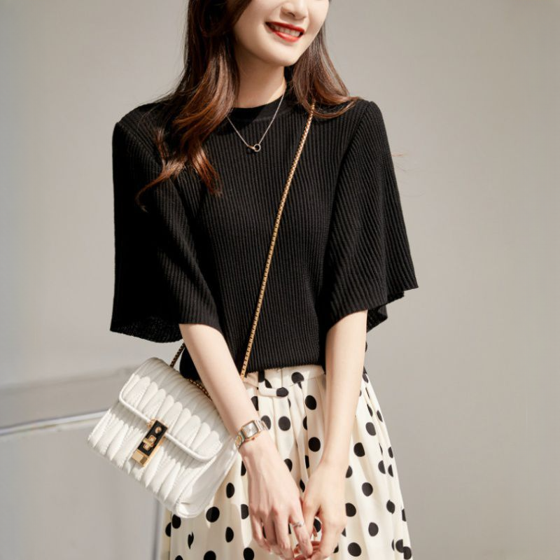 溫婉法式氣質荷葉邊袖舒適圓領上衣