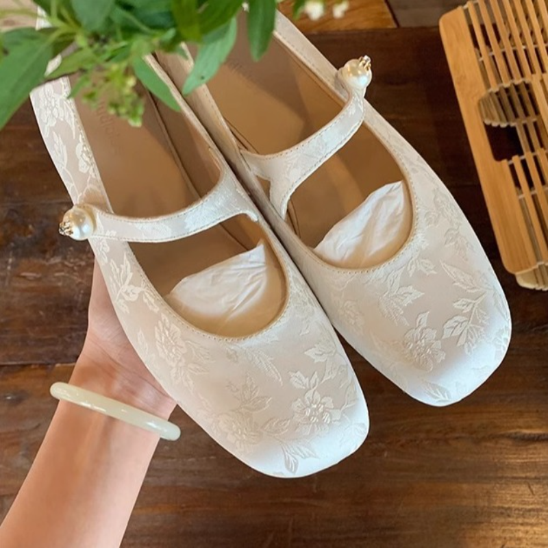 國風新中式珍珠一字帶方頭瑪麗珍I鞋