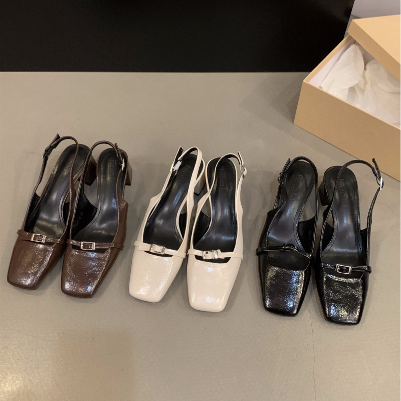 法式粗跟方頭後空包頭涼鞋