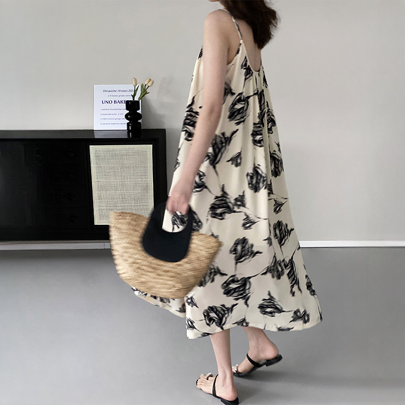 復古慵懶感水墨印花寬鬆顯瘦連衣裙