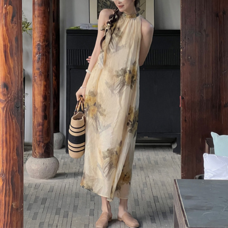 新中式天絲掛脖度假國風連衣裙