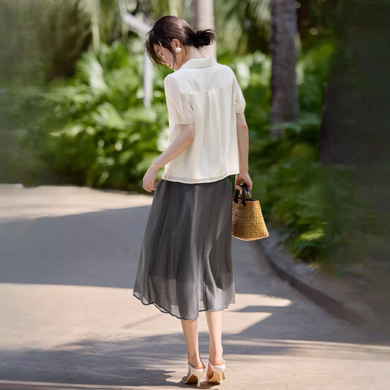 休閒套裝V領襯衫+半身裙兩件套