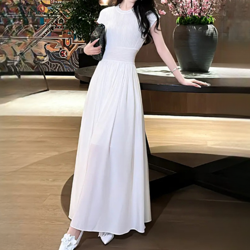 透氣雙曲紗拼接圓領顯瘦顯高連衣裙