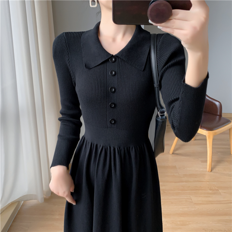 韓版氣質收腰顯瘦過膝針織毛衣裙