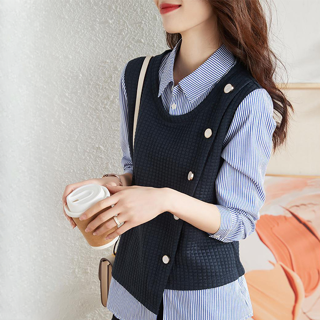 假兩件拼接不規則感通勤職業條紋襯衫