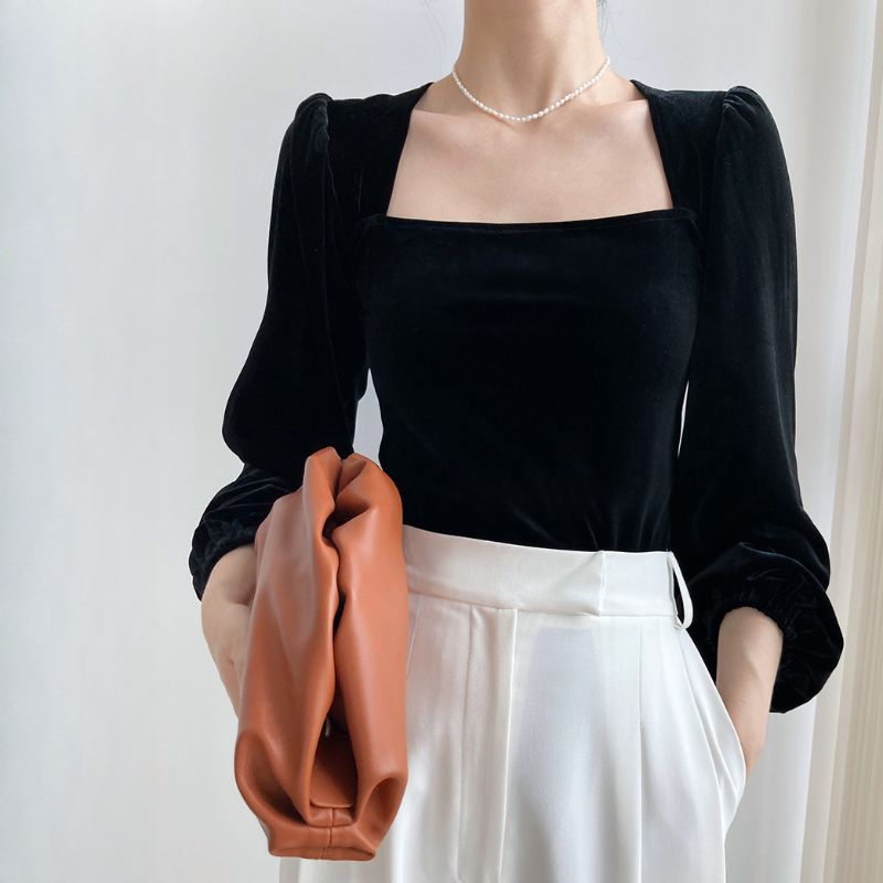 黑色金絲絨大方領氣質小衫