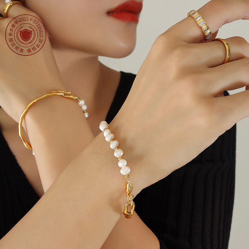 淡水珍珠波浪紋理復古風電鍍14K金手鐲