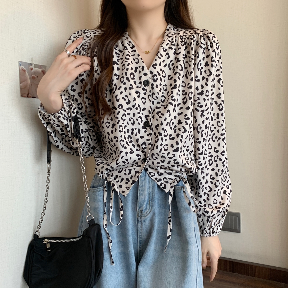 設計感豹紋V領繫帶襯衫
