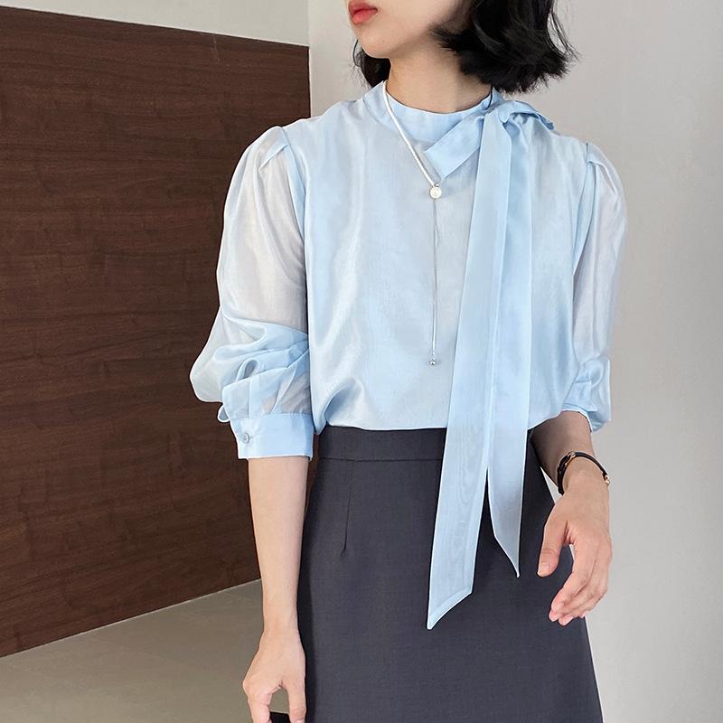 氣質蝴蝶結飄帶半高領長袖襯衫