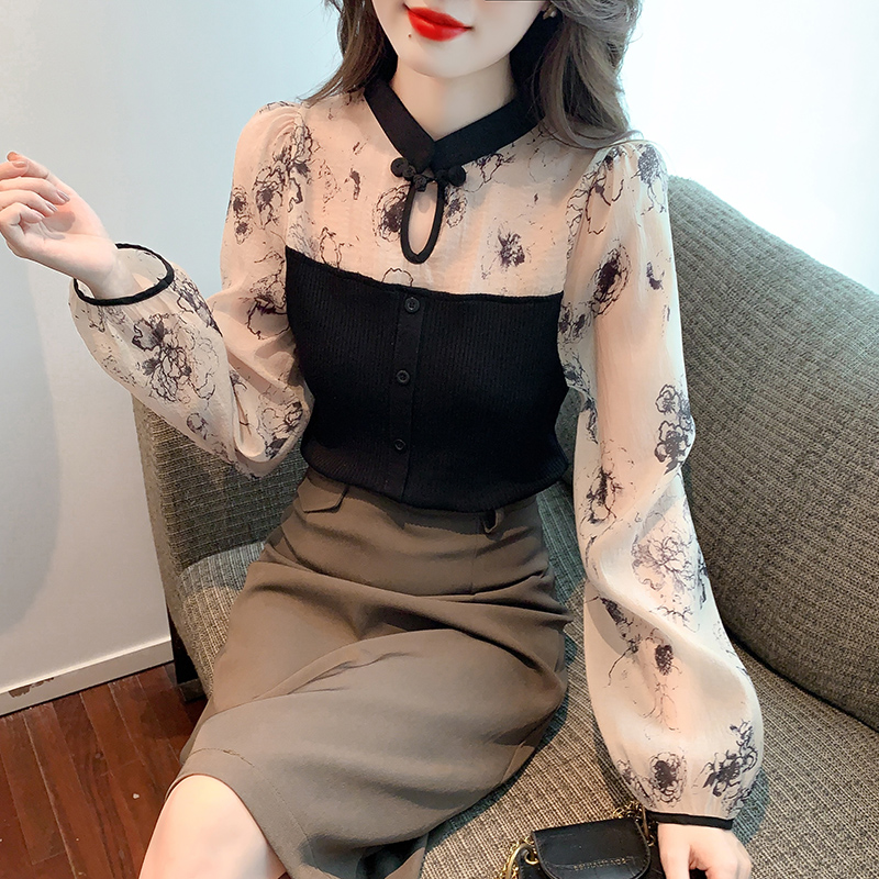 氣質盤扣拼接針織花朵印花長袖襯衫