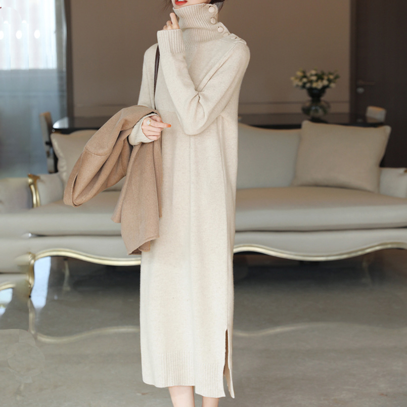 簡約紐扣高領開叉過膝針織連身裙