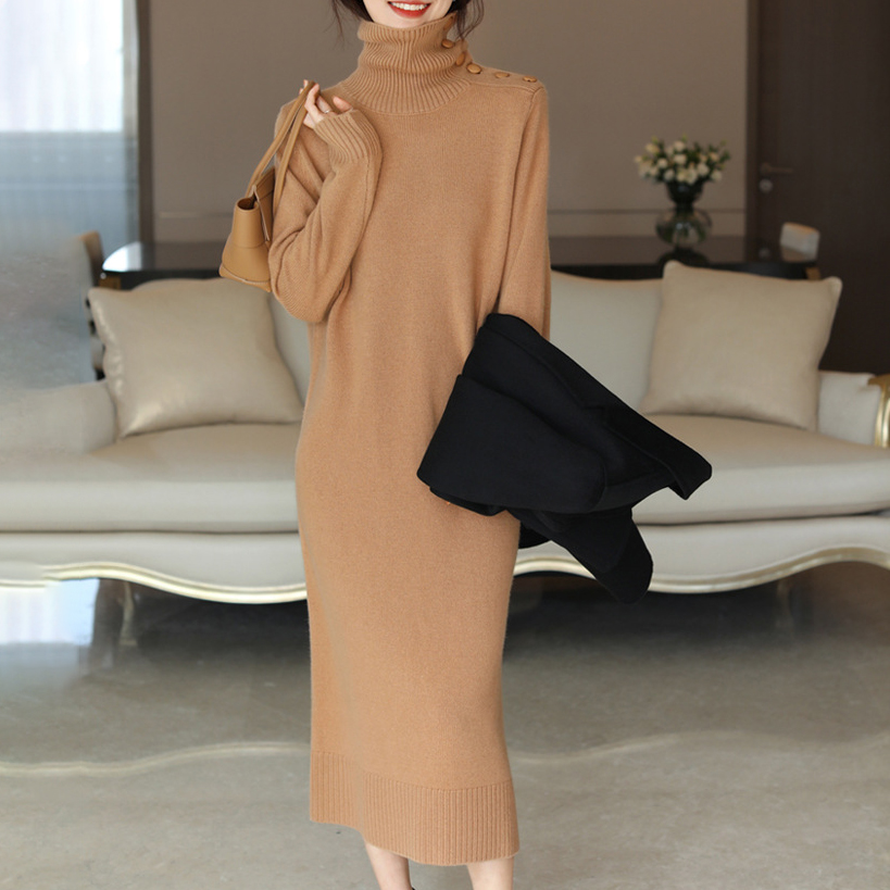 簡約紐扣高領開叉過膝針織連身裙