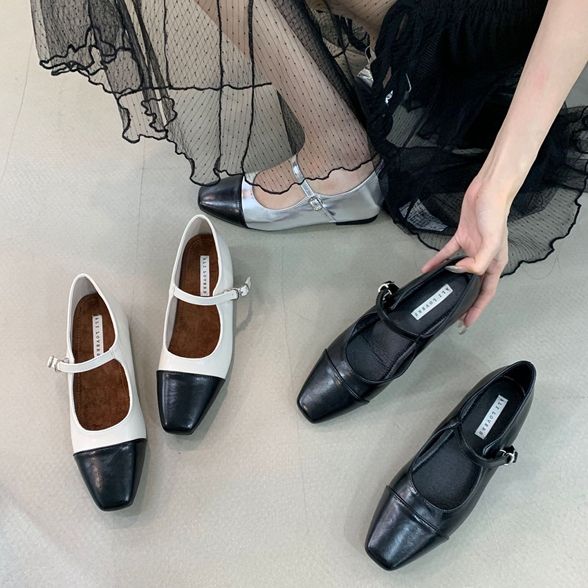 早春法式平底銀色一字帶方頭内增高晚晚鞋