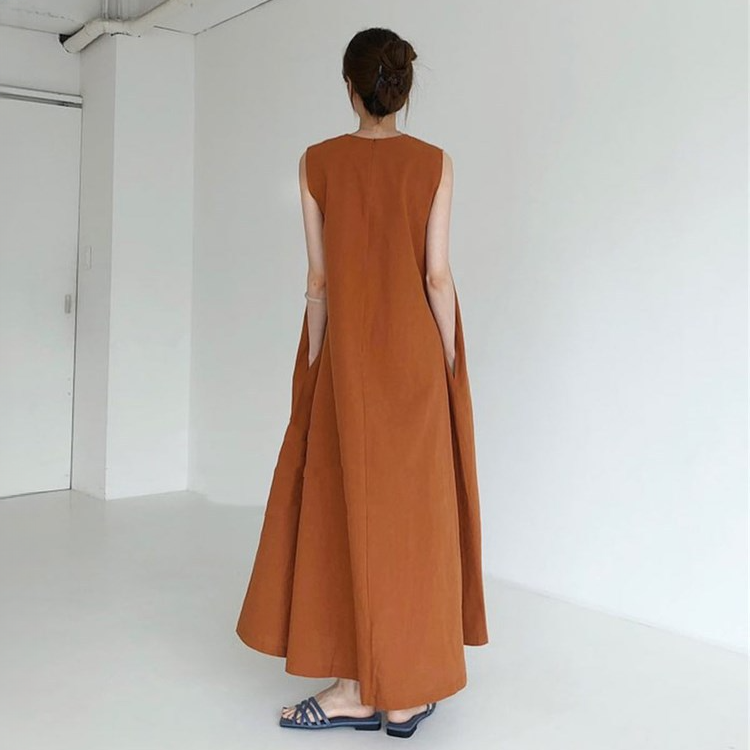 寬鬆棉麻無袖長款過膝連衣裙