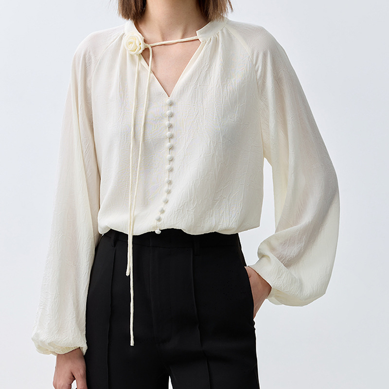 優雅都會氣質玫瑰繫帶V領雪紡上衣