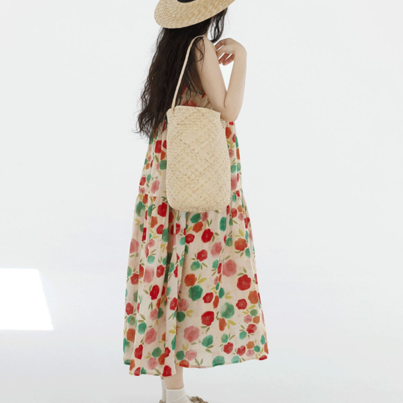 天絲苧麻復古溫柔風無袖背心碎花連衣裙