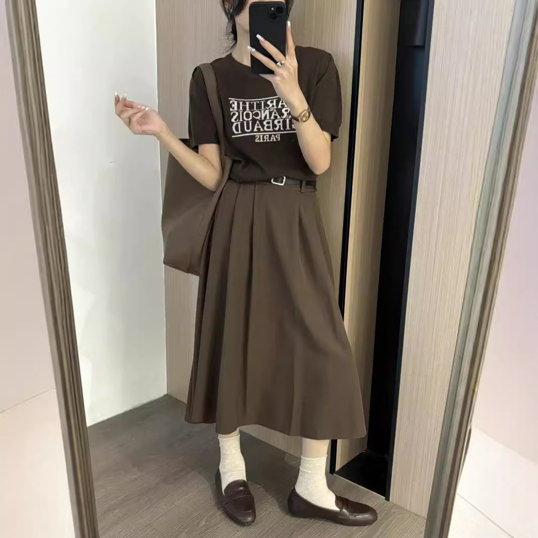 2024秋季氣質顯瘦壓褶垂感西裝半身裙女 配皮帶