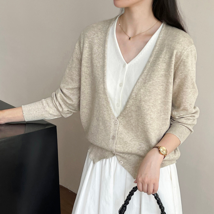 春秋簡約氣質V領假兩件針織開襟衫
