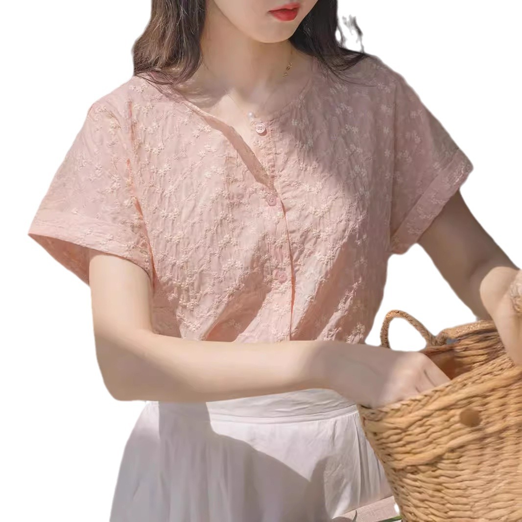 甜美清新設計感粉紅色提花刺繡襯衫短袖