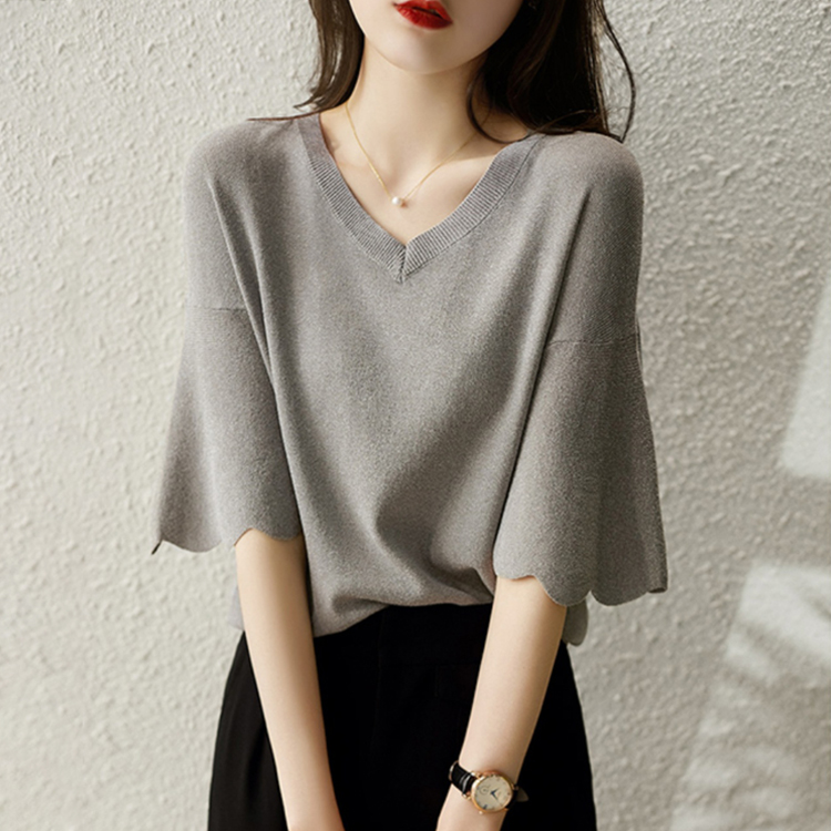 冰絲夏季花瓣袖針織T恤