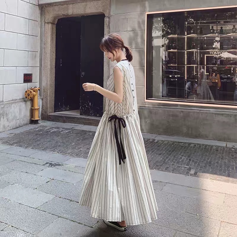 赫本風法式顯瘦繫帶長款連身裙